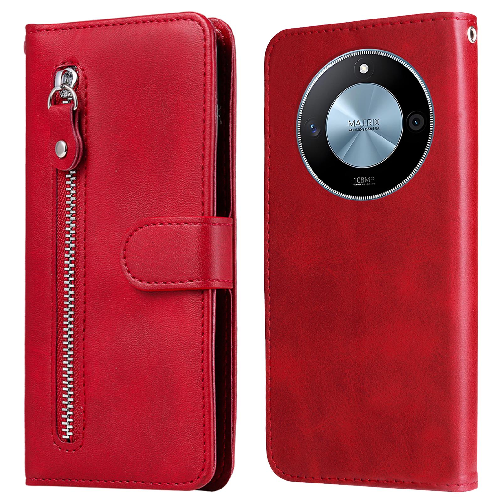 

For Honor X60 5G Case Zipper Wallet Calf Texture PU Leather Phone Cover Red