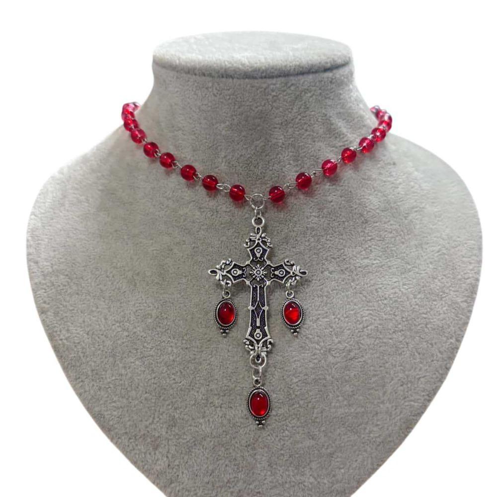 Gothic Punk Black Crystal Cross Pendant Beaded Choker Necklace for Women Men Retro Halloween Party Daily Cosplay Wear Jewelry