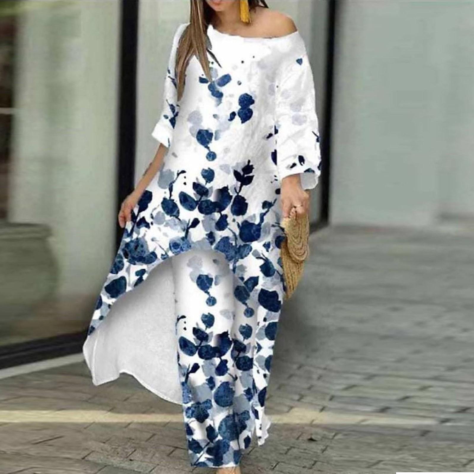 

Комплекты из 2 предметов для женщин, летние повседневные свободные топы с цветочным принтом, широкие брюки, подходящие повседневные комплекты L