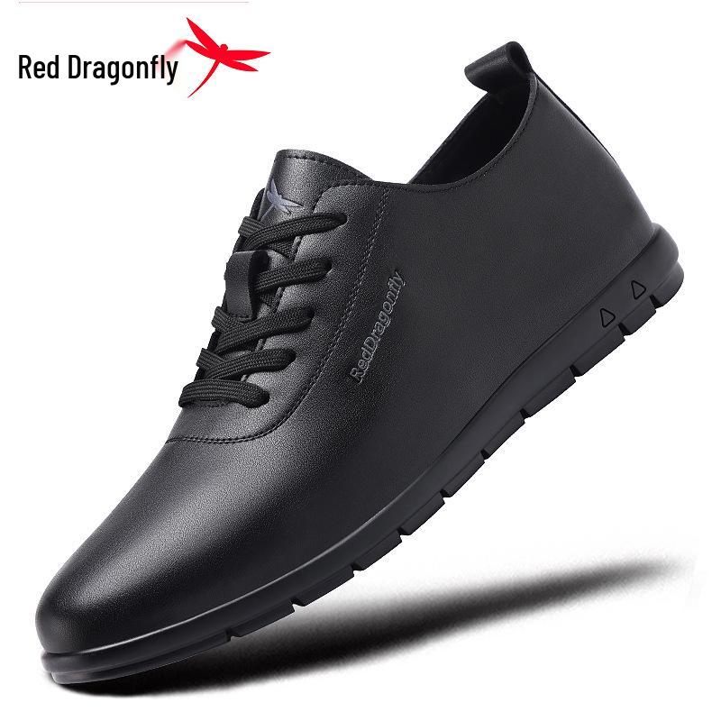 Red Dragonfly Men's Waterproof Leather Casual Shoes - Winter Soft Sole, Flat Bottom, Black