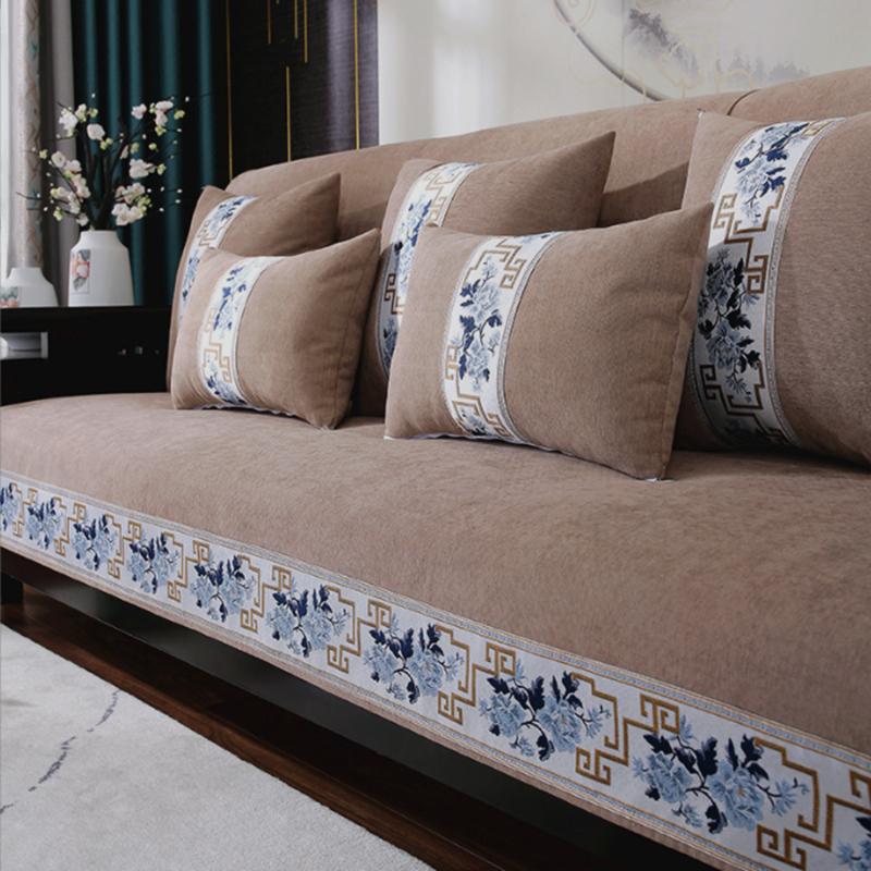 Solid Color Anti-slip Couch Cushion for Living Room Sofas Universal Armchair Slipcover Towel 1 Pcs Chinese Style Sofa Covers with Embroidery Edge