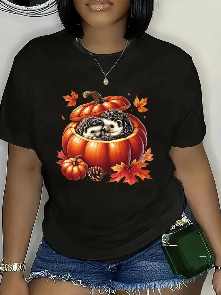Polyester 100% European and American Pumpkin Printed Round-neck Short-sleeved Women's Top Fashionable Base Layer Aesthetic  Summer