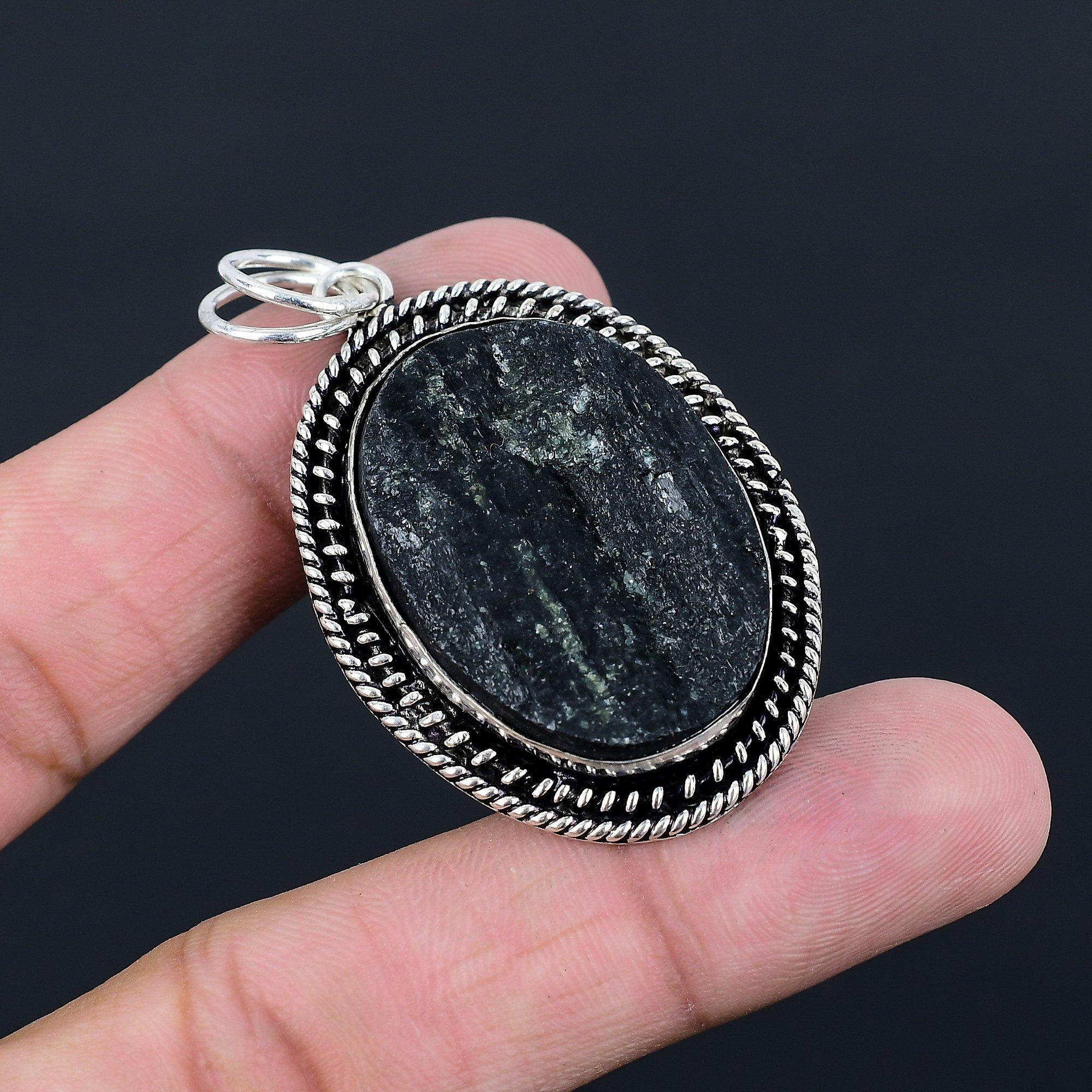 925 Silver Oval Natural Black Tourmaline Rough Mother Handmade Pendant Jewelry