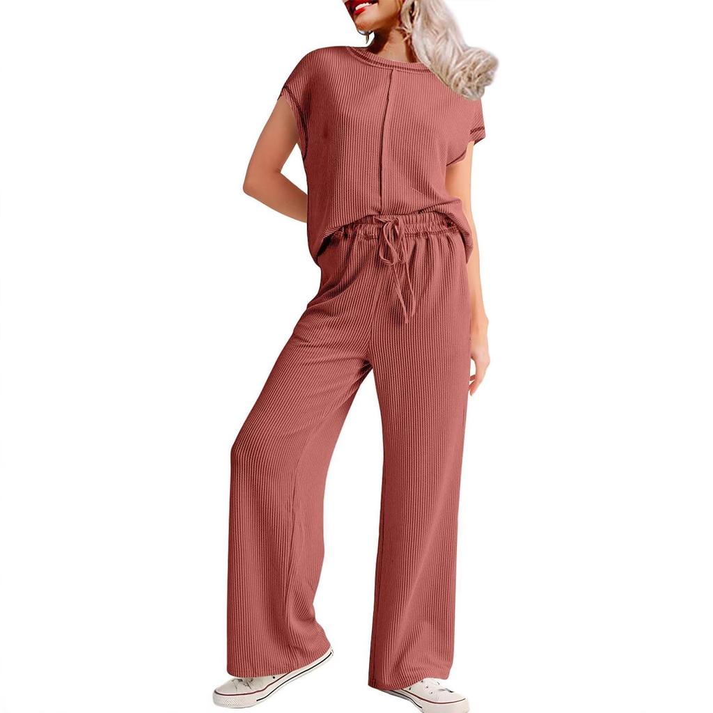 Women's Casual Lounge Set Short Sleeve Top & Wide Leg Pants with Drawstring Waist In 6 Colors