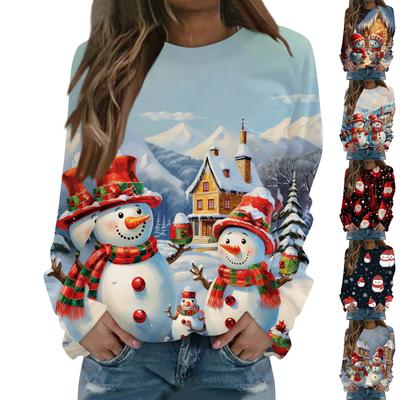 Women's Casual Fashion Christmas Print Long Sleeve O Neck Pullover Top Blouse Sweatshirt