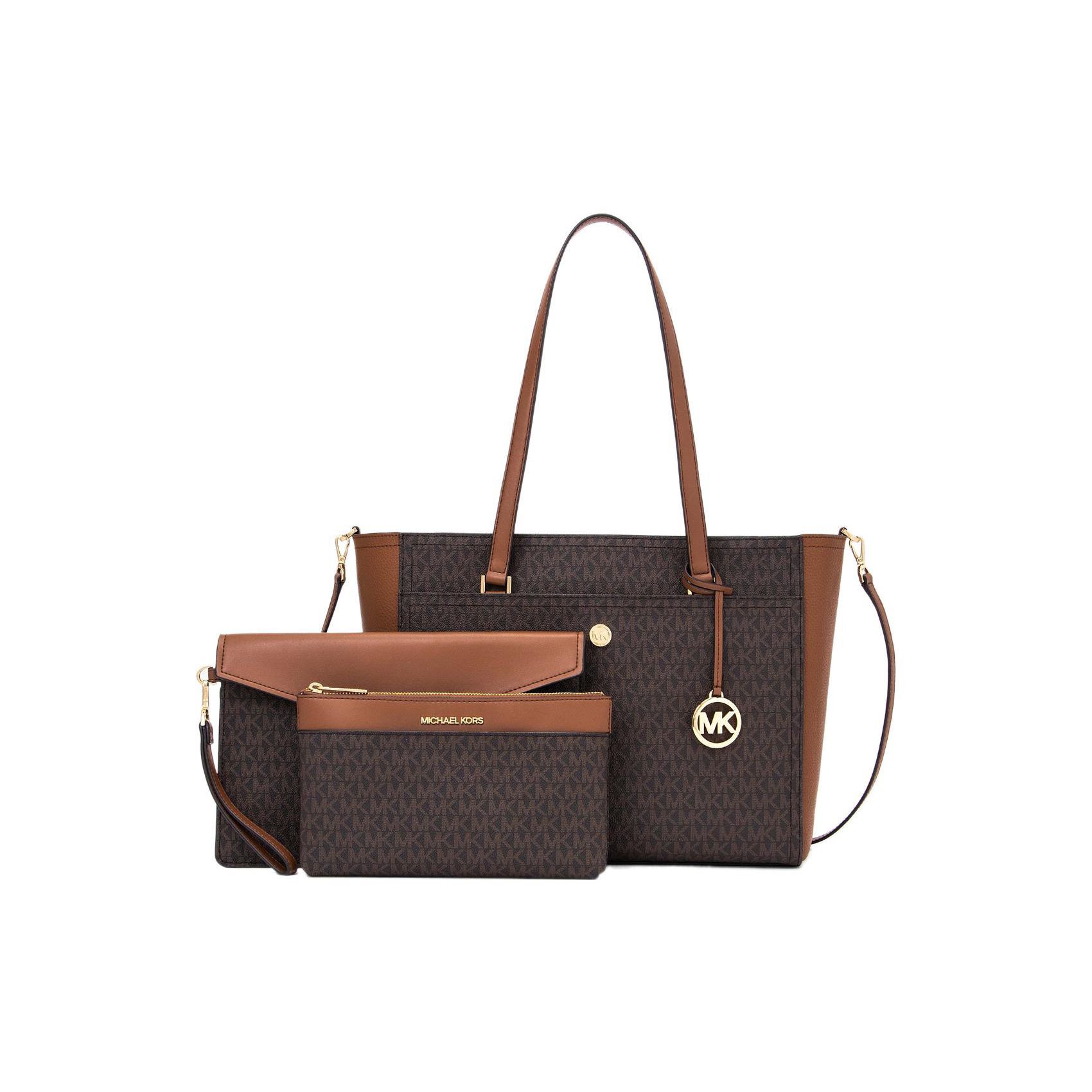 Michael Kors Maisie 40 Classic Monogram Print Zipper Closure Canvas Tote Shoulder Bag Women bags Brown Beige 35T1G5MT7B-200 Basic Set (Bag+Dust Bag)
