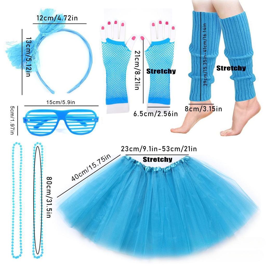 1980s Prom Cosplay Accessories Slatted Glasses Knitted Leg Warmers Lace Headband Wire Necklace Fishnet Gloves 6pc Set