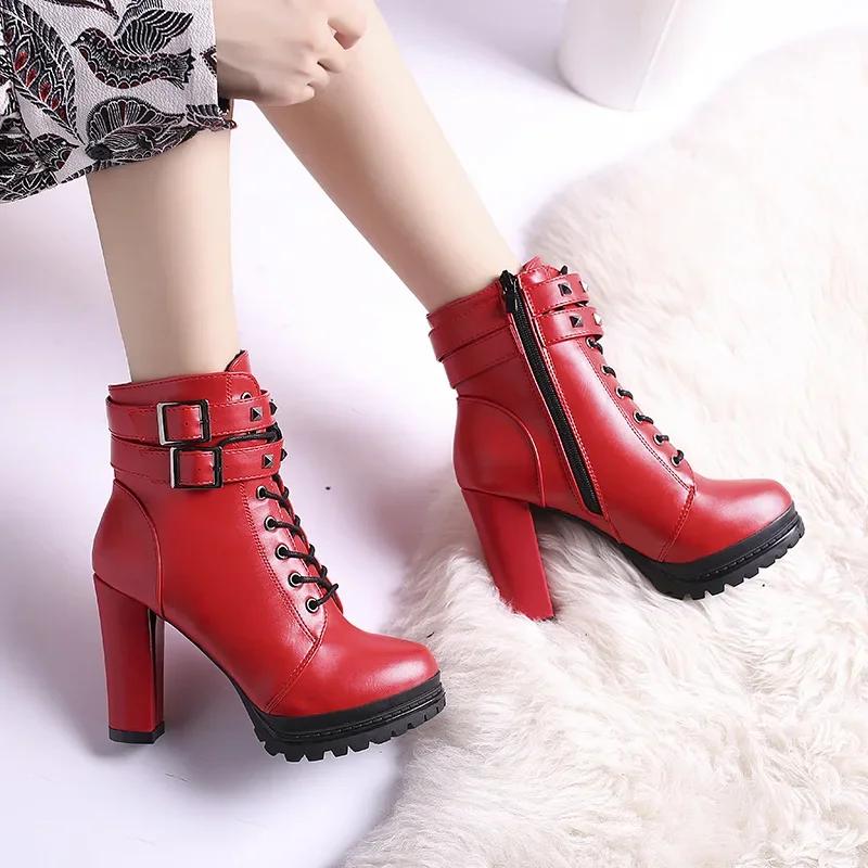 Women Autumn Ankle Boots Sexy Office High Heels Platform Boots Round Toe Leather Booties Black Pumps Ladies Party Shoes New 2024
