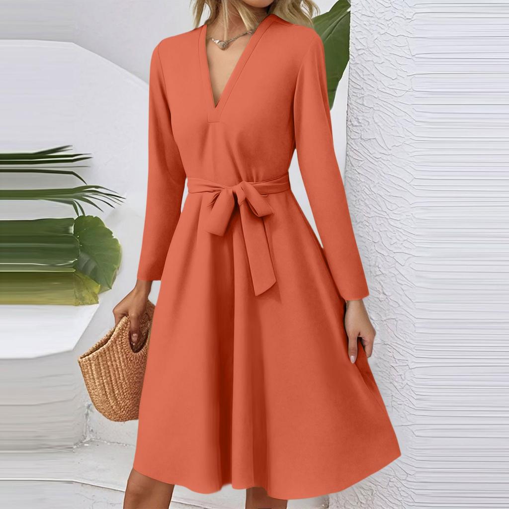 Women's Fashion Casual V-Neck Long Sleeve Waist Solid Color Midi Dress