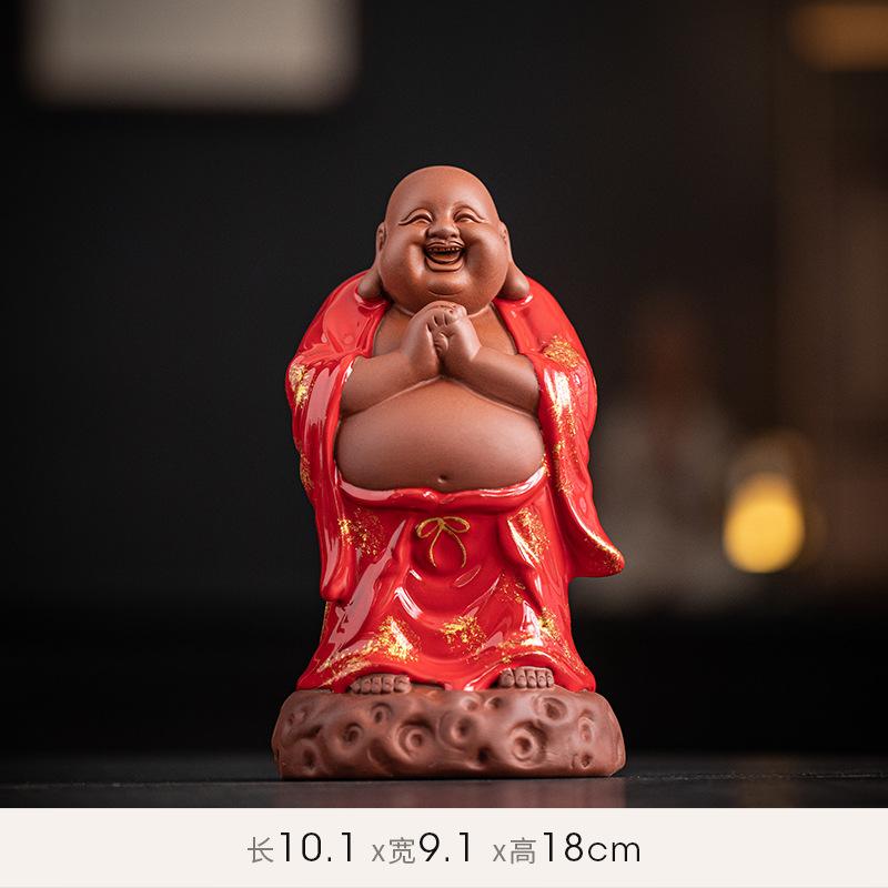 Chinese Zen Purple Clay Fortune Big Belly Maitreya Buddha Smiling Living Room Office Porch Desktop FENG SHUI Statue Decoration