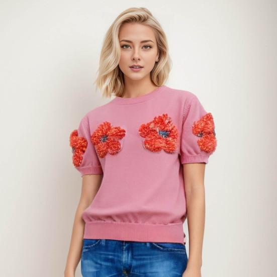 

Женский вязаный топ с круглым вырезом и коротким рукавом, свитер с 3D цветочным декором, эластичная вязаная футболка S розовый