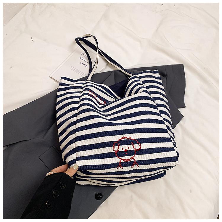 IELGY Striped Double-Sided Embroidery Bag Korean Version Preppy Style Letter Tote Bag Casual Large Capacity