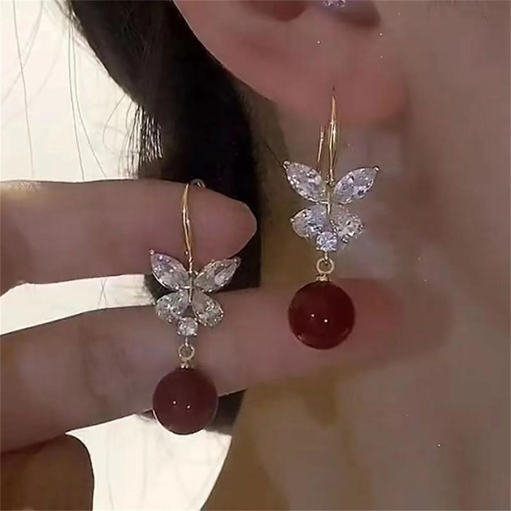 Delicate Red Zircon Butterfly Tassel Drop Earrings For Women Luxury Crystal Animal Butterfly Earring Wedding Party Jewelry Gifts