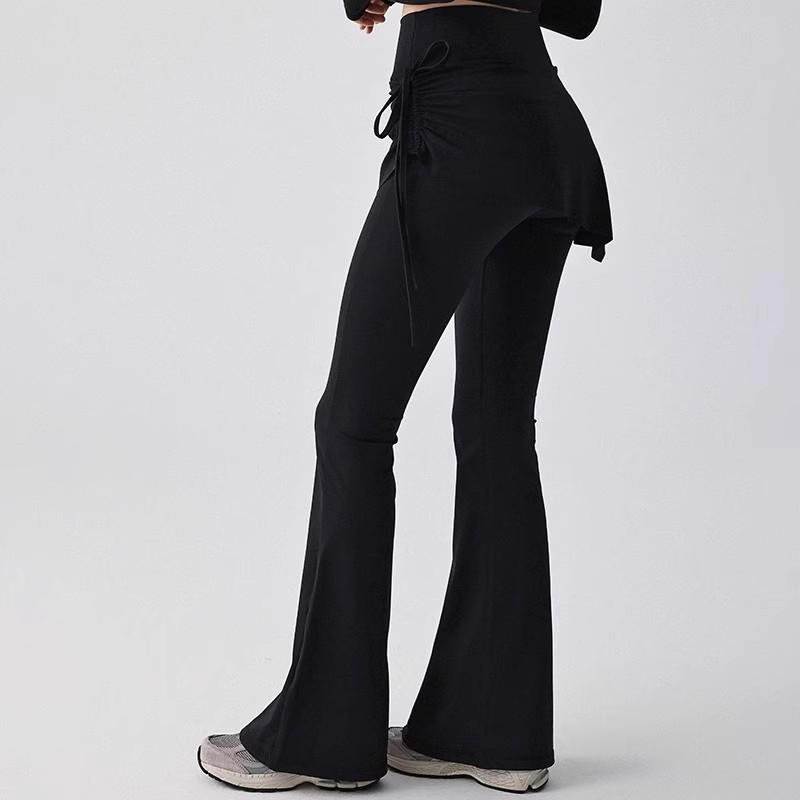 Women's High Waist Slim Fit Flared Yoga Pants - Faux Two-Piece Style with Side Drawstring for Hip Coverage