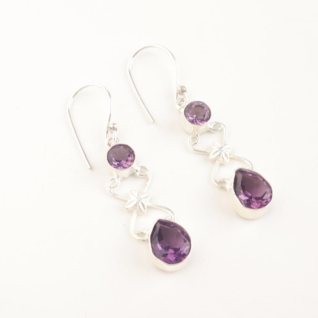 Natural Amethyst Gemstone 925 Sterling Silver Handmade Statement Earrings 2" EE-156-11