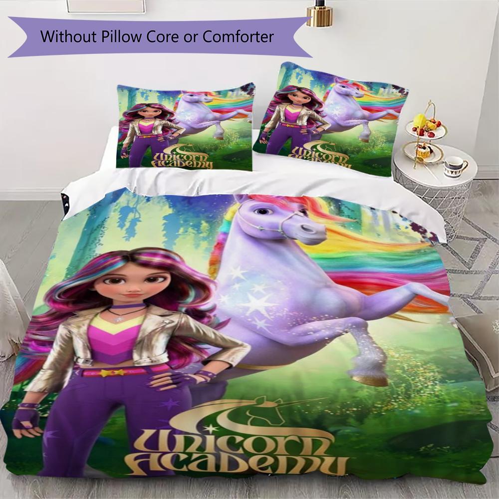 Unicorn Academy Pattern Bedding Uilt Set Uilt Cover Pillowcase Home Decoration Birthday Gift (1 * Duvet Cover + 2 * Pillowcase Without Core)95