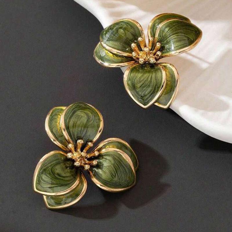 New Exquisite Design Green Color Double-Layer Petals Stud Earrings for Women Stylish  Personalization Charm Party Jewelry Gift