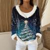 Women's Fashion Plush V Neck Pullover Top Long Sleeve Tee Christmas Printed Sweatshirt