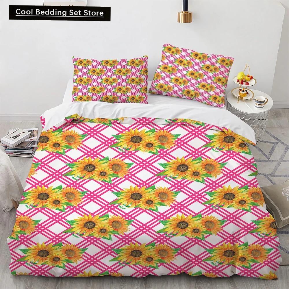 Sunflower King Queen Duvet Cover Striped Floral Bedding Set for Kids Teens Adults Colorful Flowers 23pcs Polyester Quilt Cover