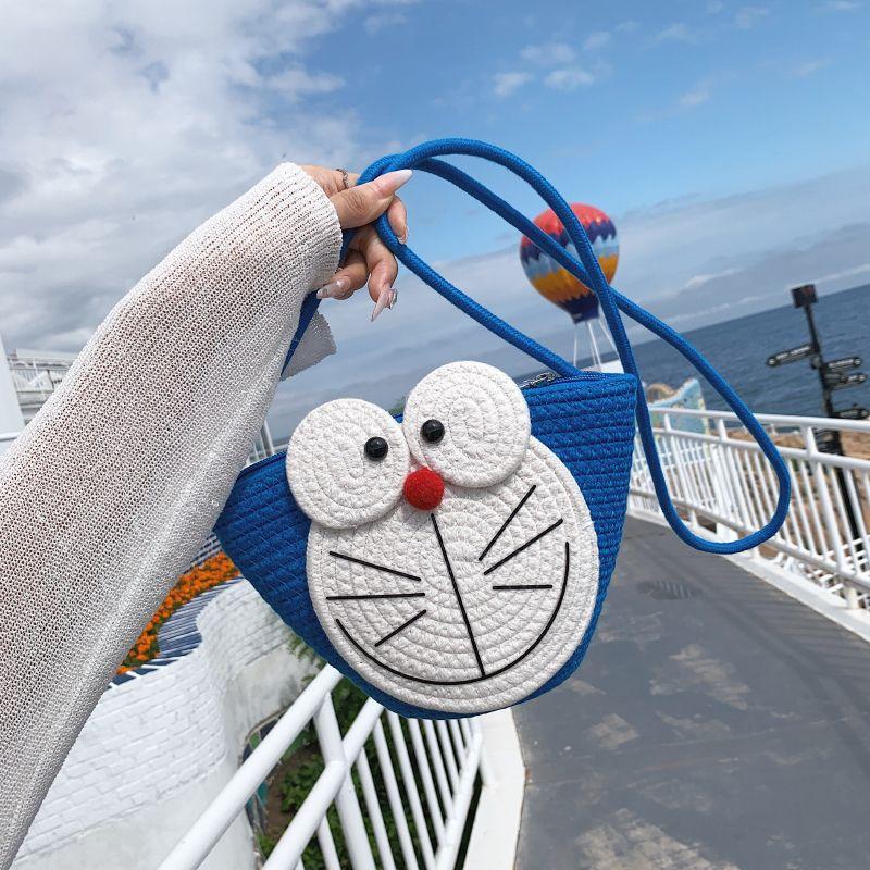 Cute Cartoon Doraemon Shoulder Cross Woven Bag Summer Bag Women 2025 New Ins Bucket Bag Niche