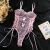 European and American Women’s Sexy Pink Leopard Print Bodysuit, Front Bow Tie Lace-Up Design, Party Nightclub Outfit