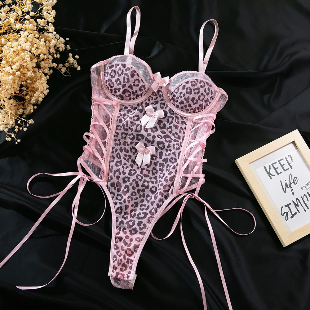 

European and American Women’s Sexy Pink Leopard Print Bodysuit, Front Bow Tie Lace-Up Design, Party Nightclub Outfit L рожевий