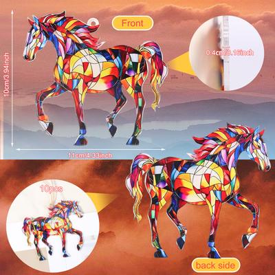 10Pcs Horse Acrylic Ornament Iridescent Suncatcher Hanging Pony Design Decoration with String Colorful Mosaic Equestrian Present