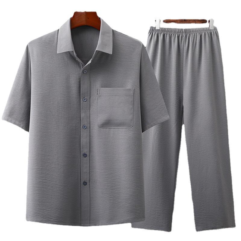 Men's Cotton Linen Short Sleeve Shirt & Suit Set - Casual Summer Wear for Middle-Aged and Elderly