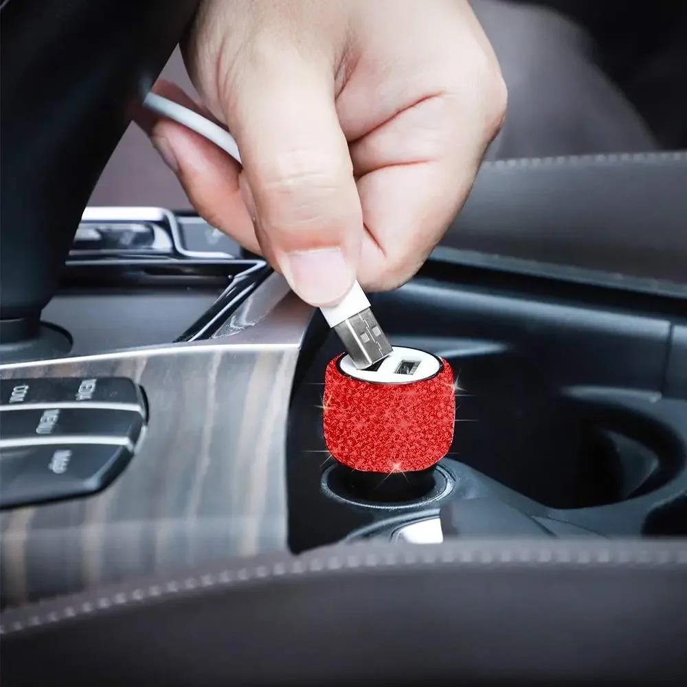 Dual USB Car Charger, Car Adapter Bling Bling Rhinestones Crystal Car Decorations for Fast Charging Car Decors