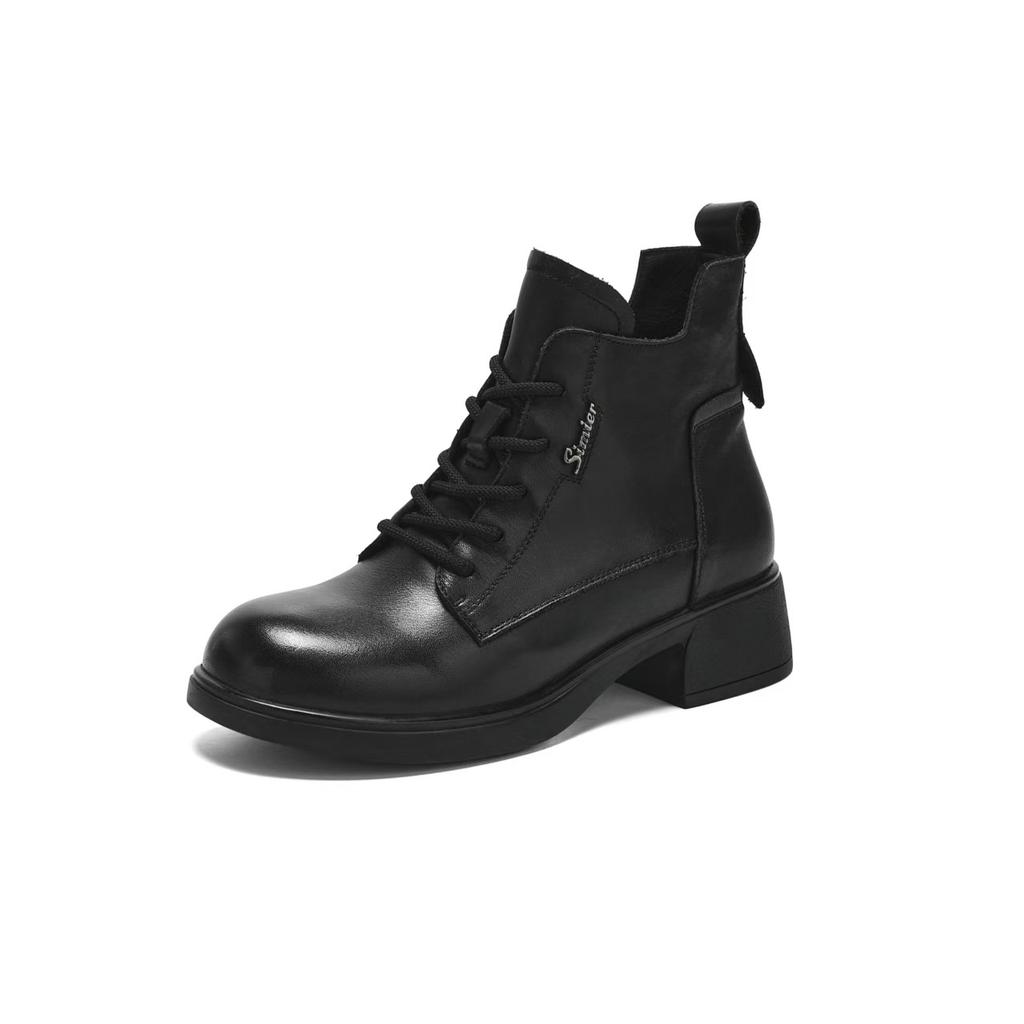 Leather Retro Martin Boots Women's British Style Round Head Thick Heel Short Boots 2025 Autumn and Winter New Height-increasing Boots