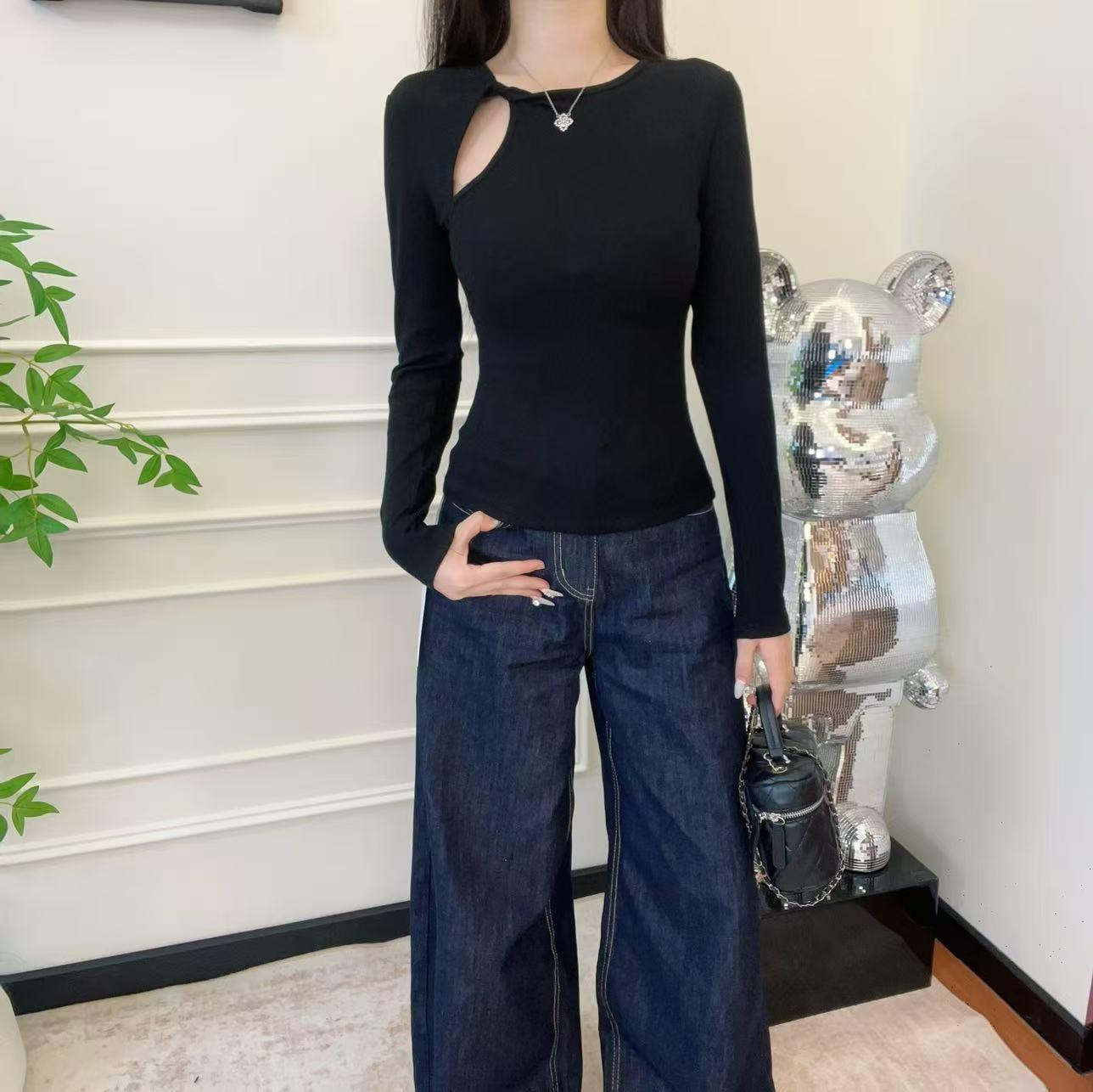 

Wine Red Hollow Design Slim-Fit Long Sleeve Top for Women - Spring/Autumn Korean Style L (110-125 lbs) чорний