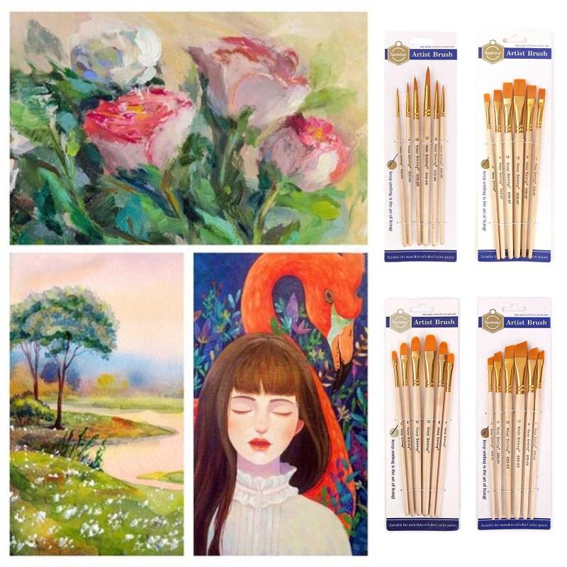 6 Pack Nylon Hair Art Paint Brushes Different Sizes Tips for Acrylic Oil Watercolor Face Rock Painting Art Students Gift