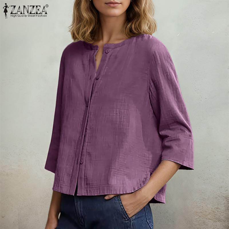 ZANZEA Women Casual Round Neck Loose 3/4 Sleeve Blouse