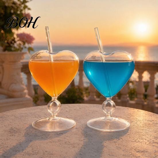 Glass Cup with Round Bead Design Creative Heart-shaped Goblet Straw, Personalized Wine Juice Fruit Drink Straw Cup, Love Heart Stemware for Champagne