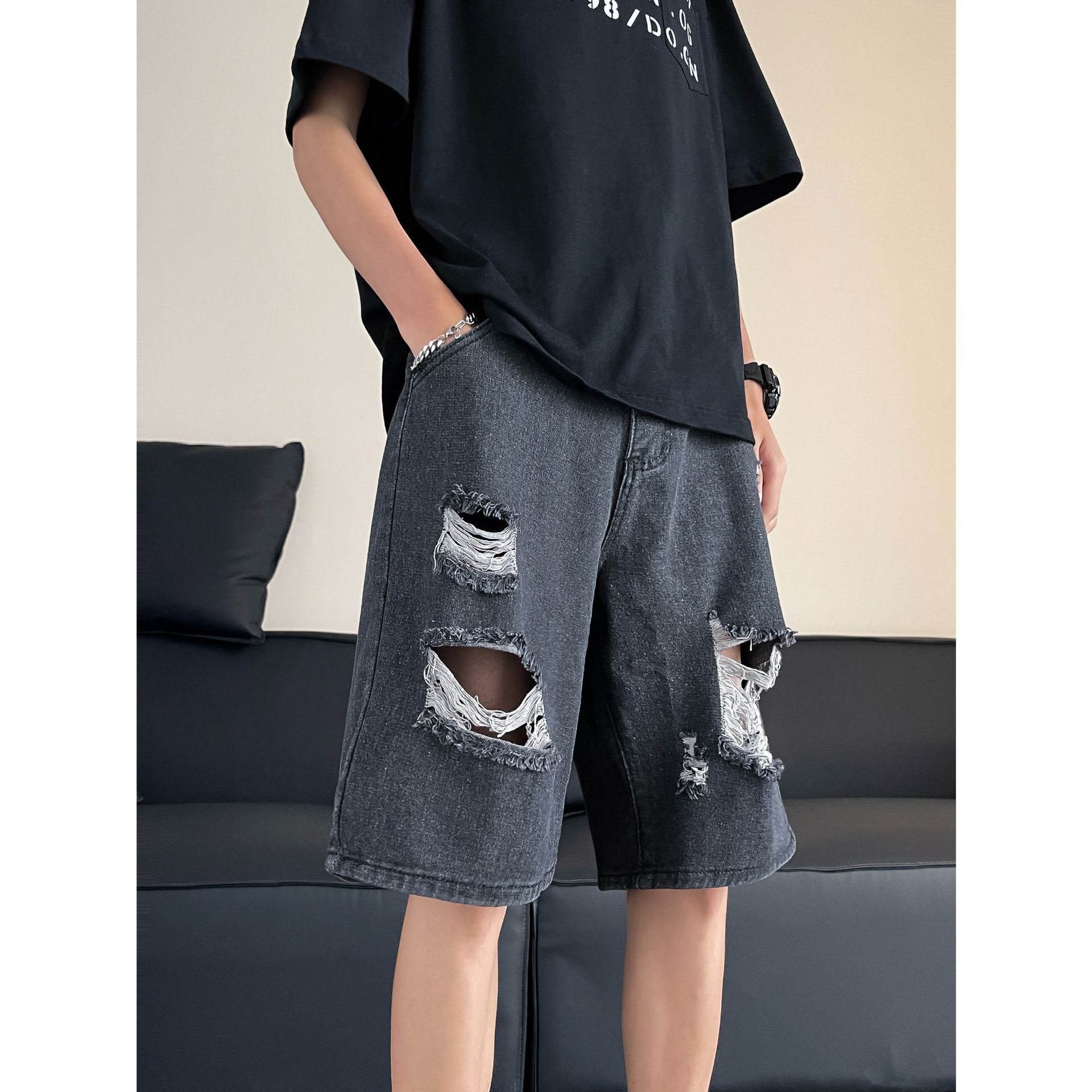 Джинсовые шорты JYL для мужчин Американский стиль Рваные Летние High-Street Свободные Широкие Джинсовые M