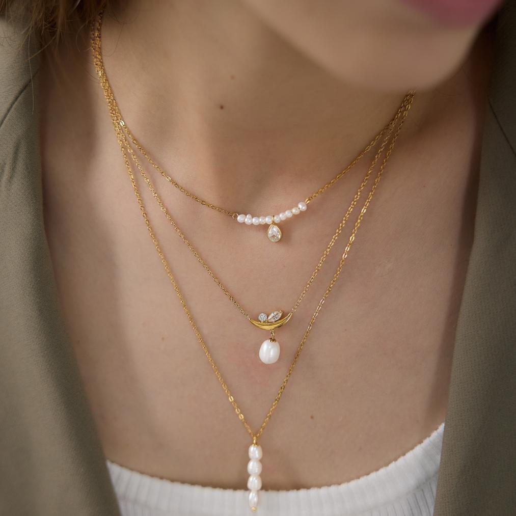 18K Gold Stainless Steel Necklace with Zircon and Pearl Pendant for Women - Everyday Versatile Style