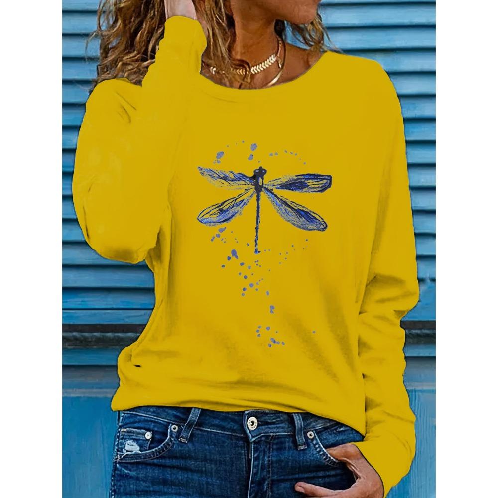 

Весенне-осенняя модная женская повседневная свободная футболка с принтом стрекозы, круглым вырезом и длинными рукавами, базовая футболка 5XL