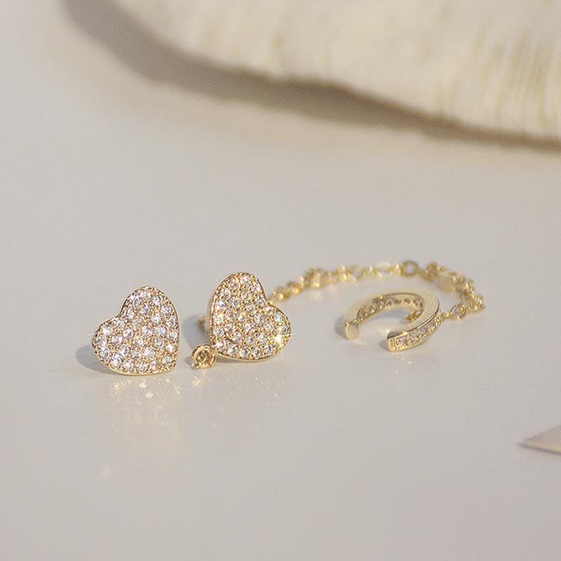 Koreanischer Modeschmuck exquisite 14K Echtgold Zirkon Ohrringe süße Liebe asymmetrische Kette Ohrknorpel Clip Damen Ohrringe