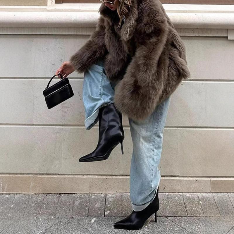 

Faux Fur Collar Short Coat Warm Fluffy Winter Outerwear for Women S кавовий