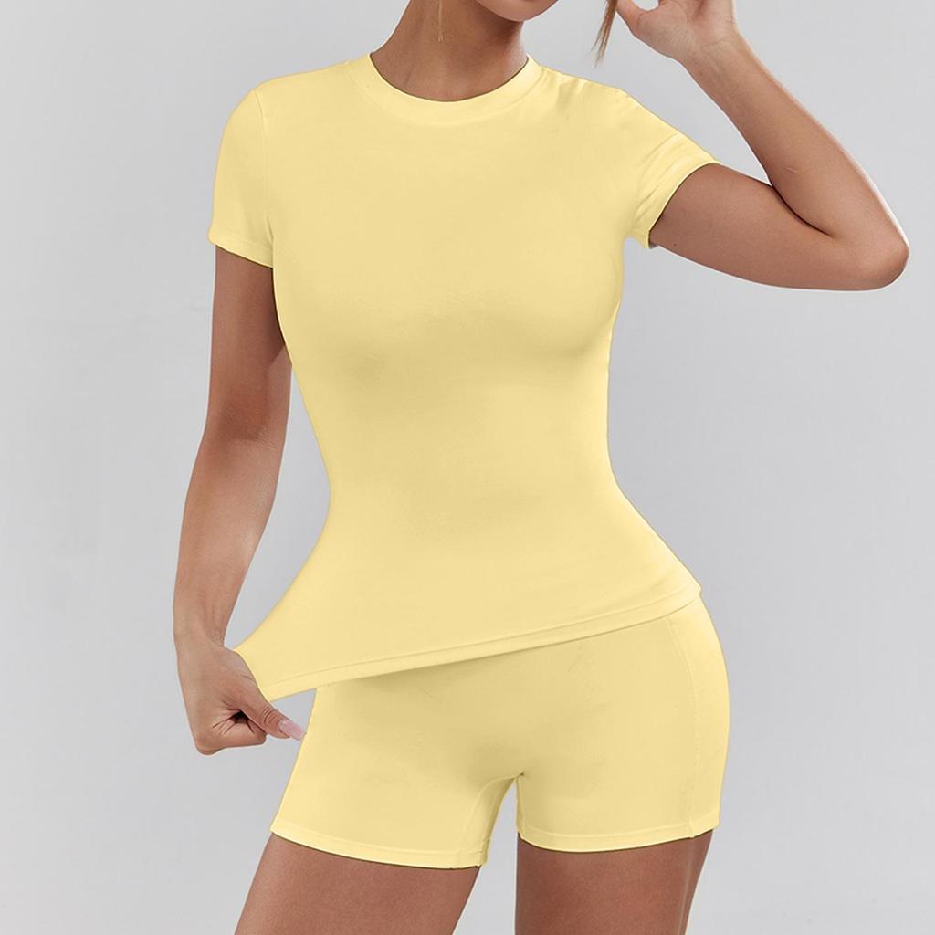 European & American Quick-Dry Nude Yoga Set: High-Elastic, Solid Color Two-Piece for Running & Fitness