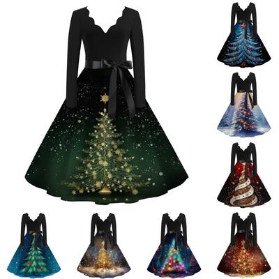 Vestido Casual y de Moda para Mujer con Estampado Navideño, Cuello en V y Bajo Amplio, Vestido de Manga Larga
