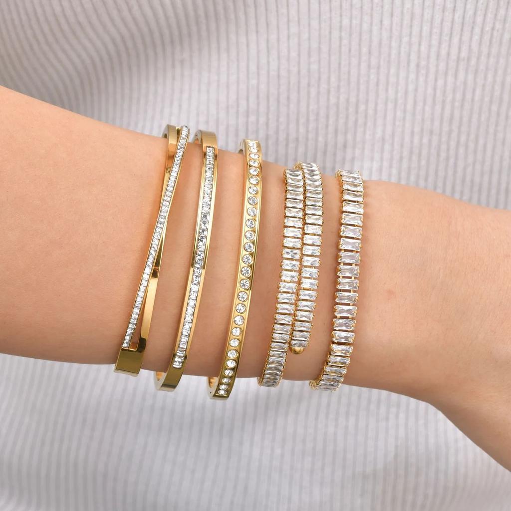 Luxury Shiny Cubic Zircon Stainless Steel Bracelet for Women, Waterproof Tennis Chain Openable Bangle, Fashion Elegant Jewelry