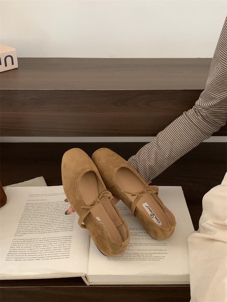 Spät Abendwind Retro Mary Jane Einzelschuhe mit weicher Sohle Damen 2025 neu Französisches Wildleder Leichte Öffnung Schleife Ballerinas