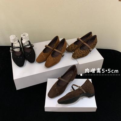 2025 Retro One-word Buckle with Mary Jane Shoes French Handmade Car Line Square Head Inner Height Increase Shallow Mouth Single Shoes Women