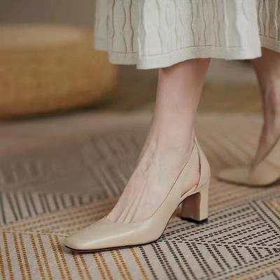 Fashion Spring Summer Women Pumps Solid Thick High Heels Female Shoes Hollow Square Head Retro Slip On Heels Women Dress Tacones Mujer
