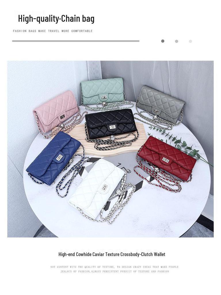 Luxus Rindsleder Kaviar Muster Kette Umhängetasche: Damenmode Multifunktionale Geldbörse & Clutch aus echtem Leder