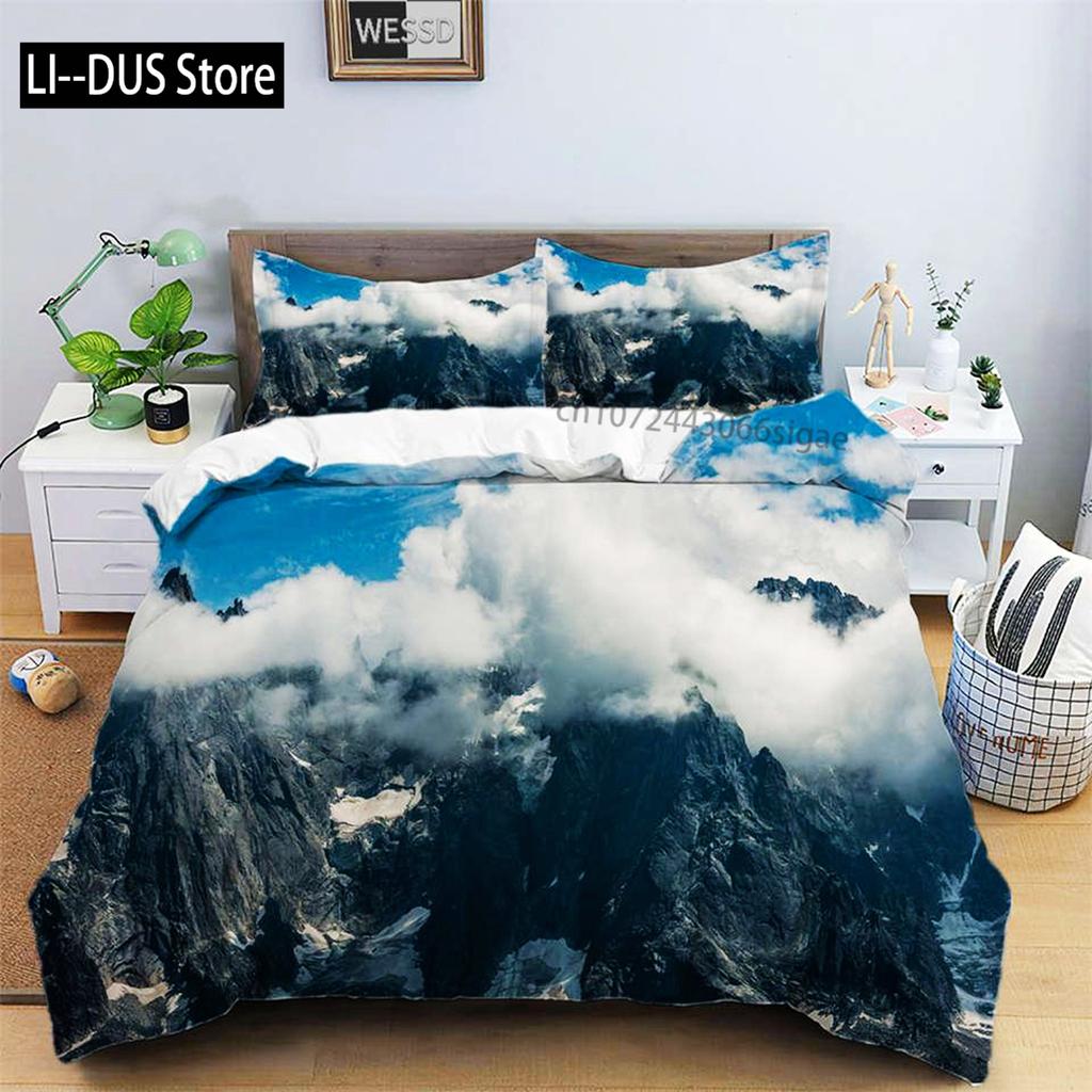 Snow Mountain Duvet Cover Set Polyester 3D Landscape Bedding Set For Teens Adults Ski Slope Winter Theme Queen Comforter Cover
