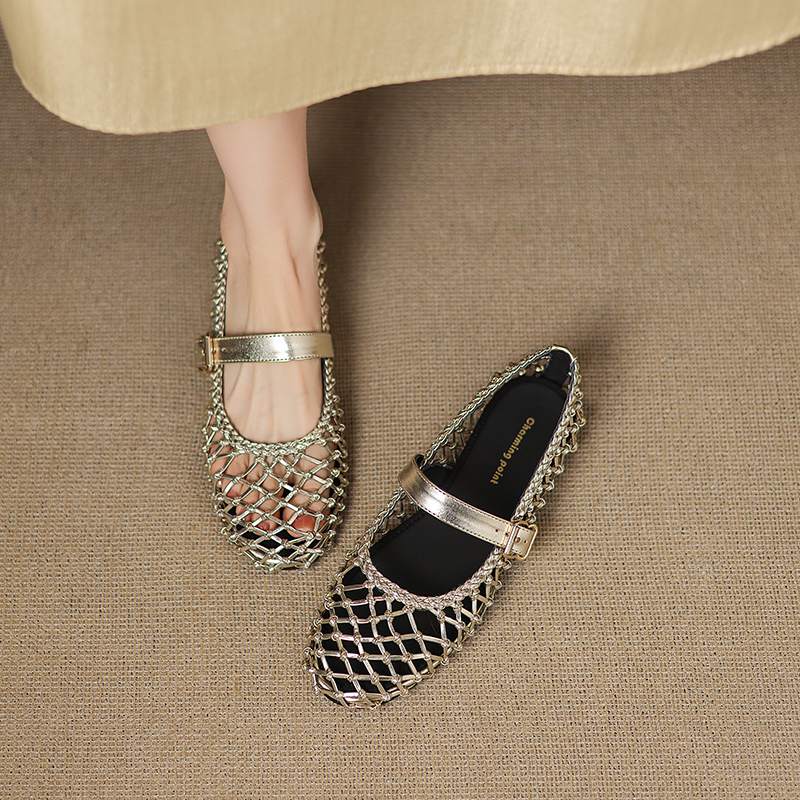 Krazing Pot Straw Weaving Mary Janes Summer Size 42 European Design Thick Flat with Women Women Round Toe Flats