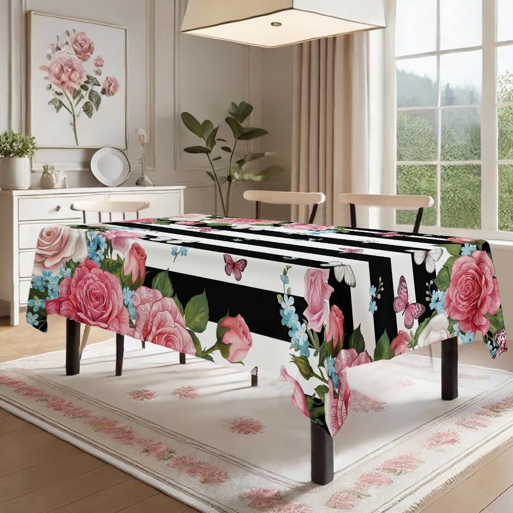 Floral Rose Butterfly Rectangle Table Cloth for Table Decor Holiday Waterproof Reusable Tablecloth for Tables Kitchen Dining