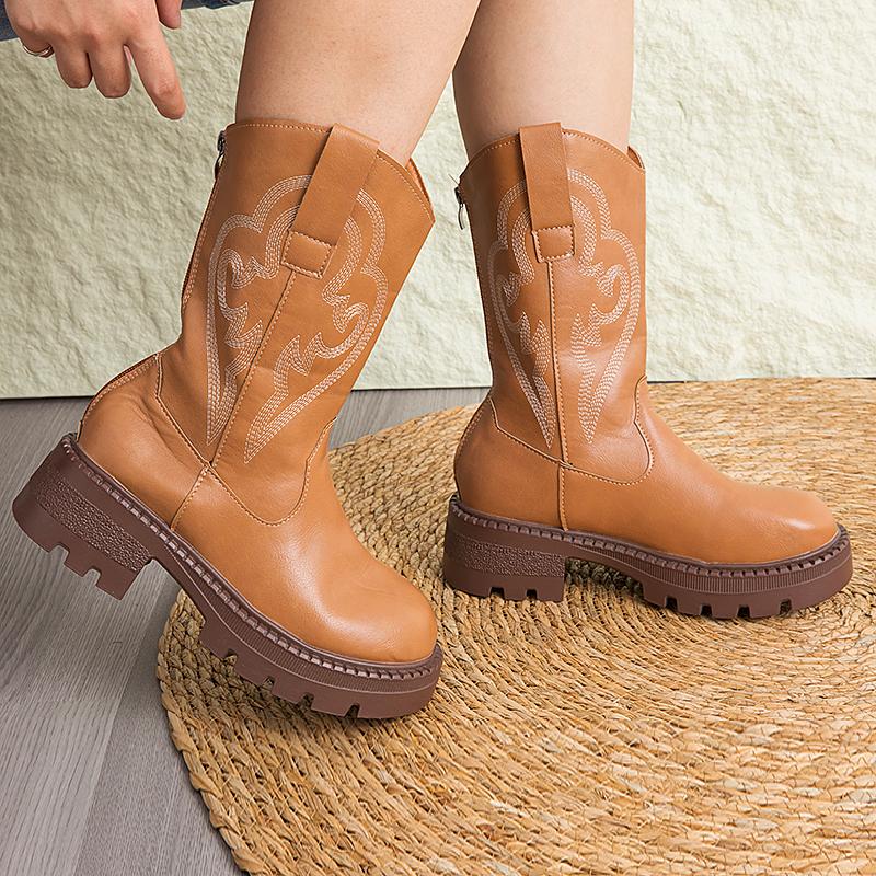 25Autumn And Winter Vintage Embroideryvwomen'S Summer Chunky Heel Mid-Calf Boots, Internet Celebrity Desert Boots, Short Boots